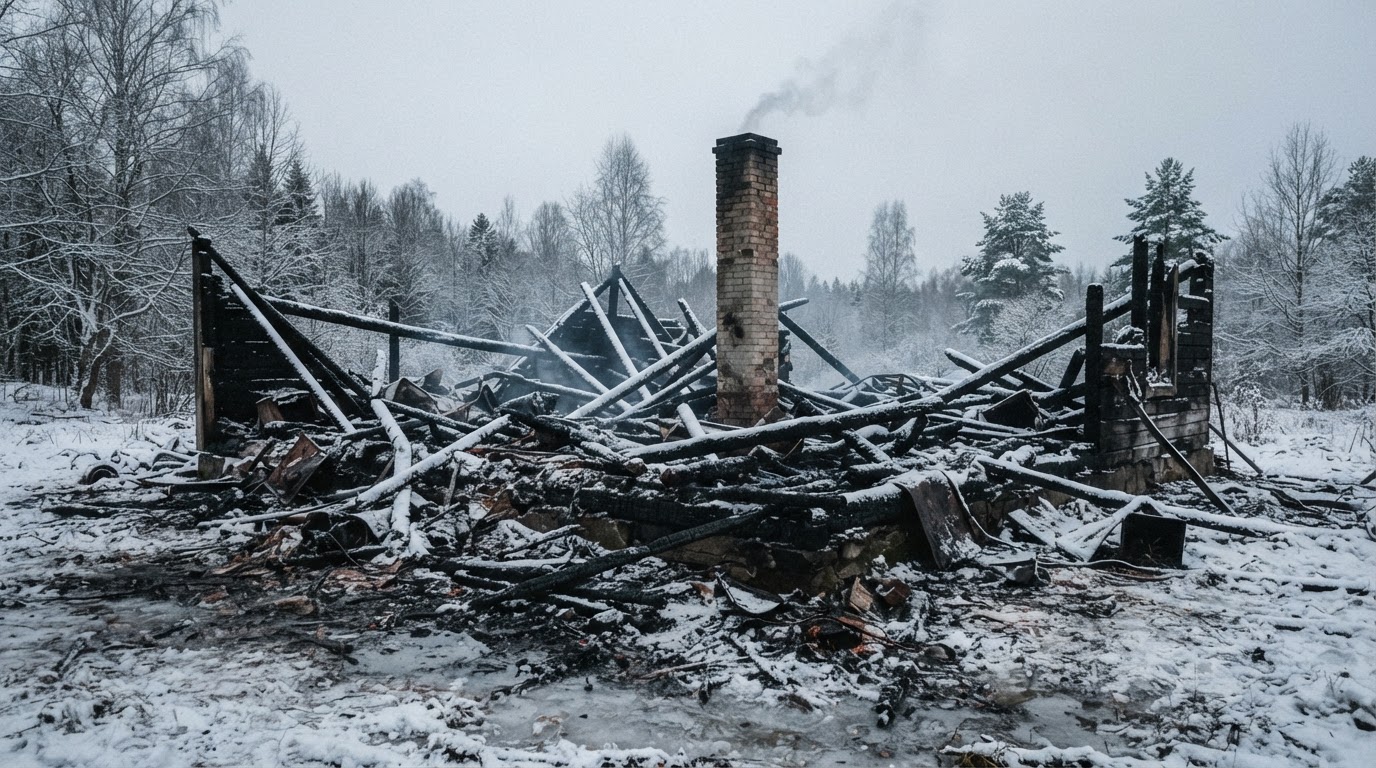 The charred ruins of a burned-down house, ash and blackened timber, cold gray morning light (AI-generated image)