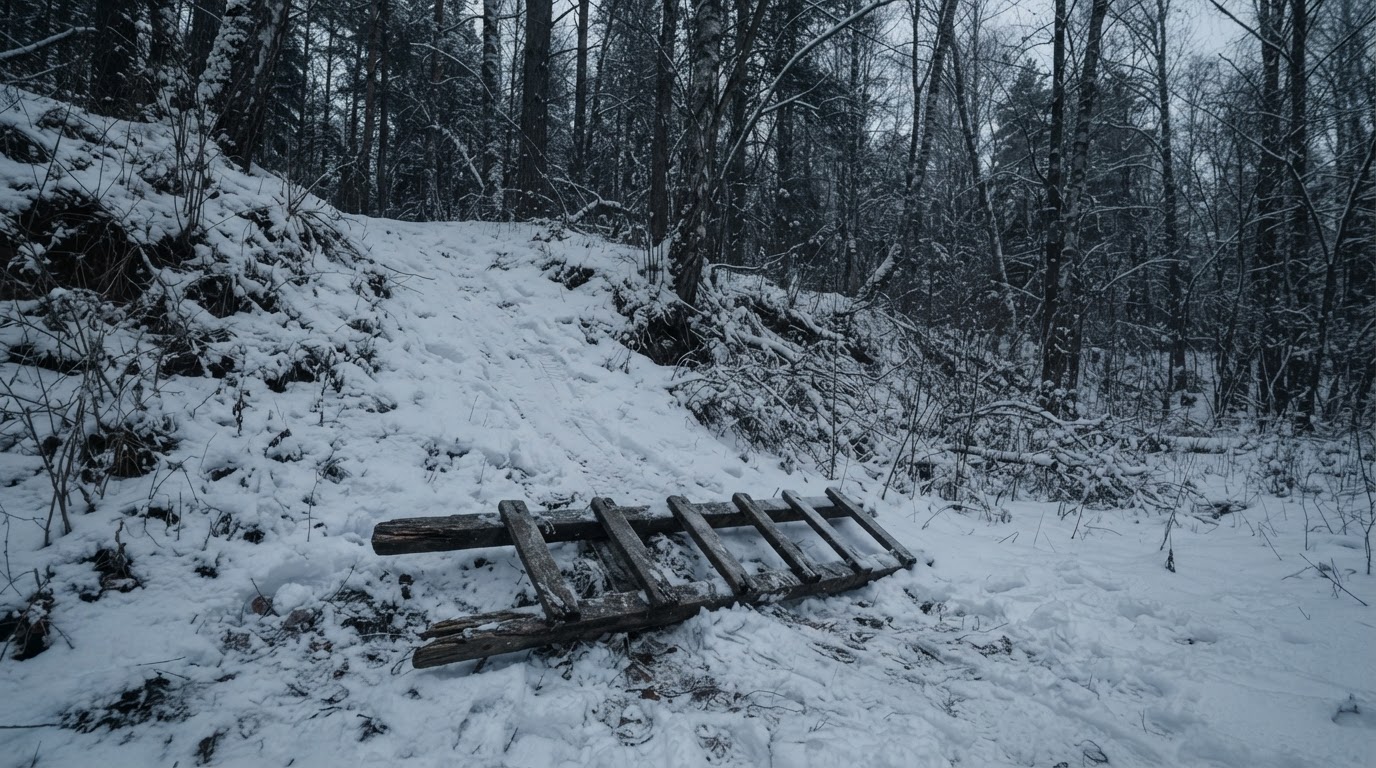 An old wooden ladder lying at the bottom of a snowy embankment, forest edge, eerie stillness (AI-generated image)