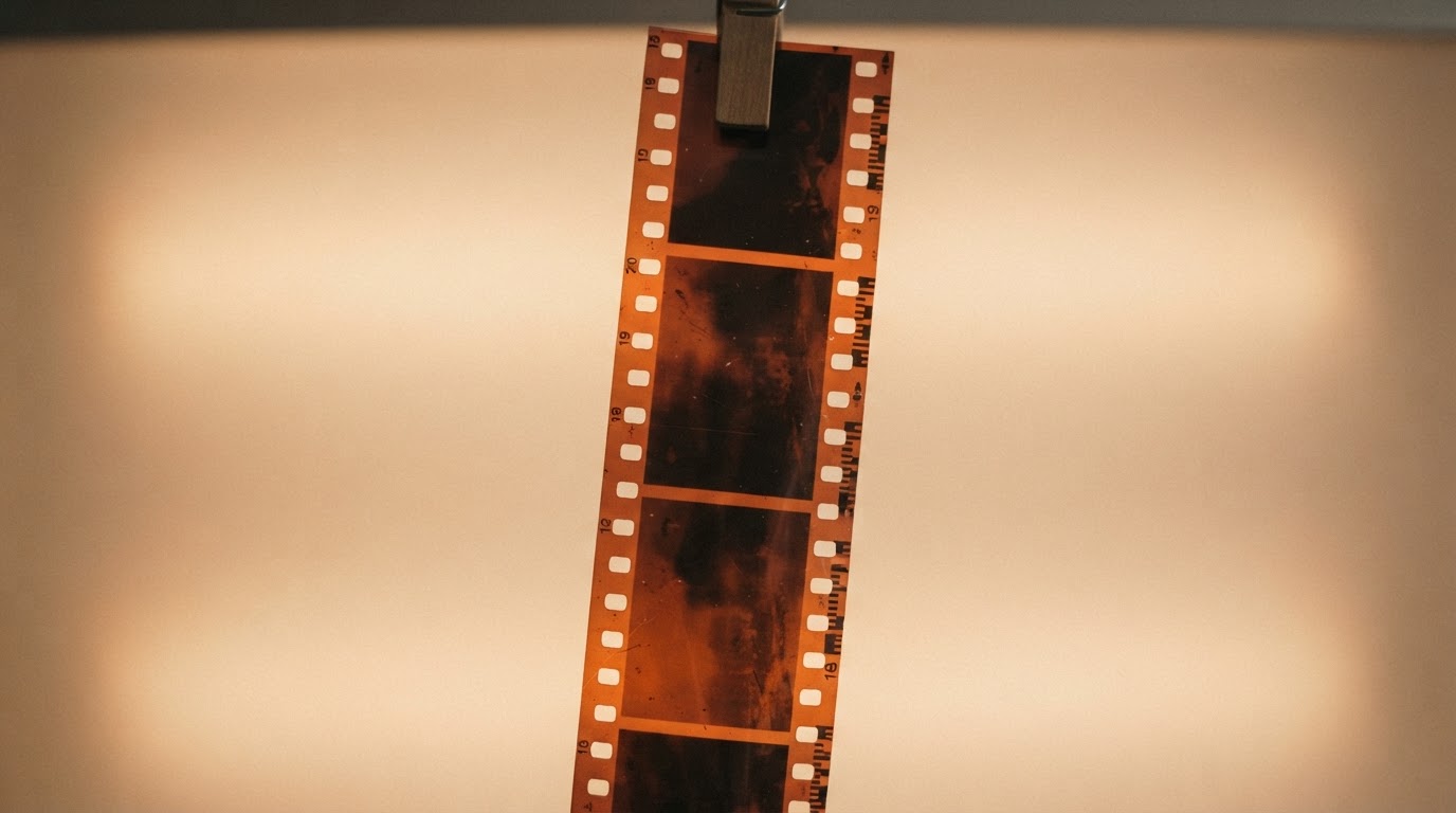 光にかざされたヴィンテージ・フィルムのネガ一片、コマは暗く判読不能、フォトリアル(AI生成画像)