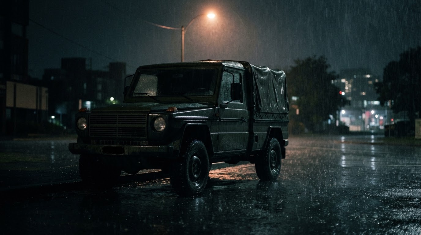 夜裡淋著雨、停放著的一輛沒有任何標誌的軍用風格車輛,寫實風格(AI生成圖像)