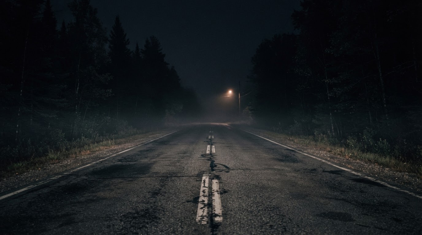 夜色中,一條空蕩蕩、延伸沒入黑暗的雙線道路,寫實風格(AI生成圖像)