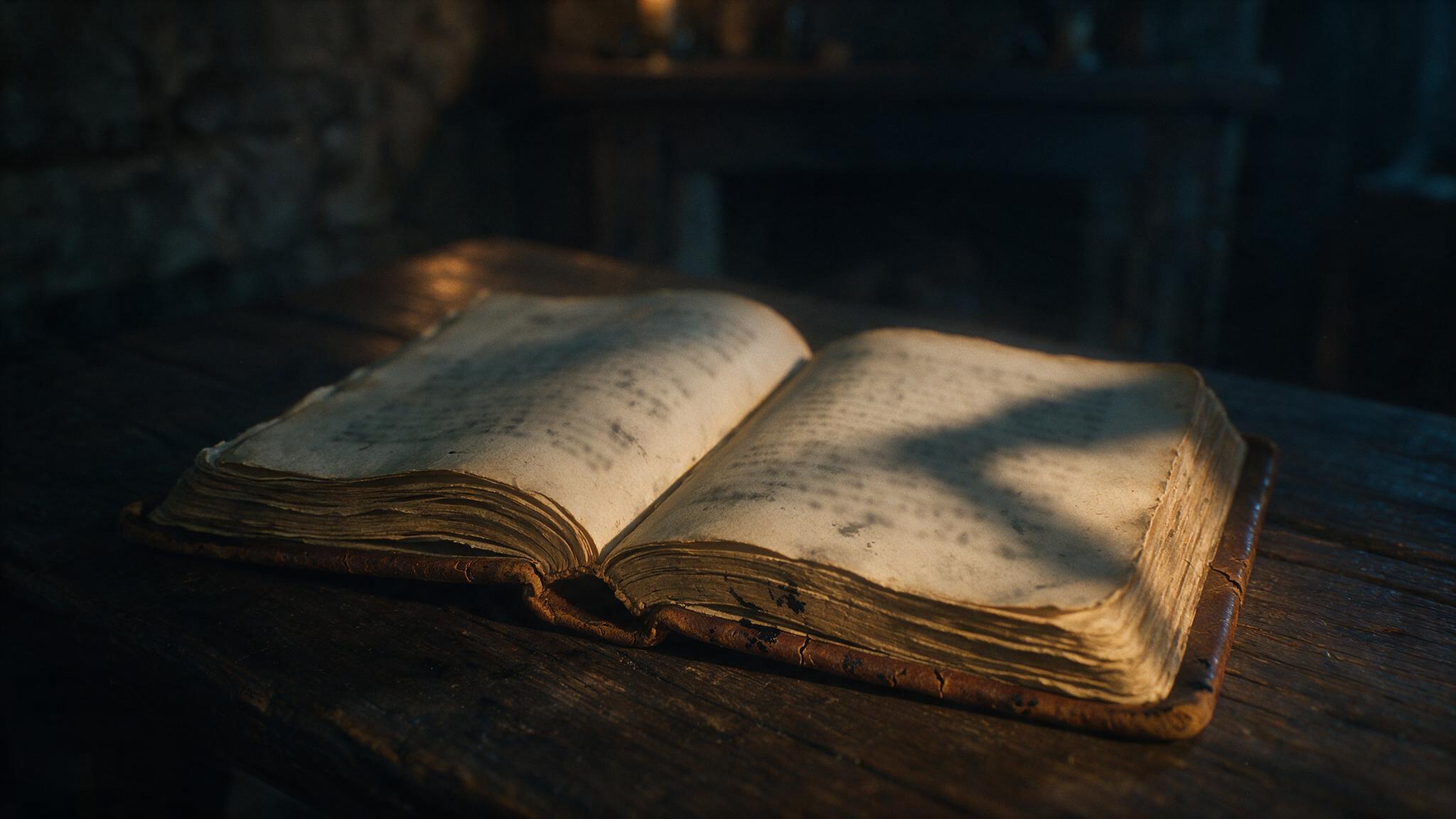 An old poetry book lying open, but the characters on the page blurred beyond reading, a faint shadow falling across the paper in a dark image (AI-generated image)