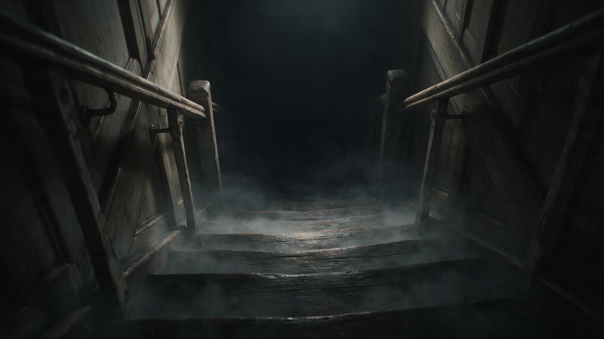 A pitch-dark staircase with low-lying fog, the bottom swallowed entirely in blackness so that no end can be seen, a bleak image, no people (AI-generated image)
