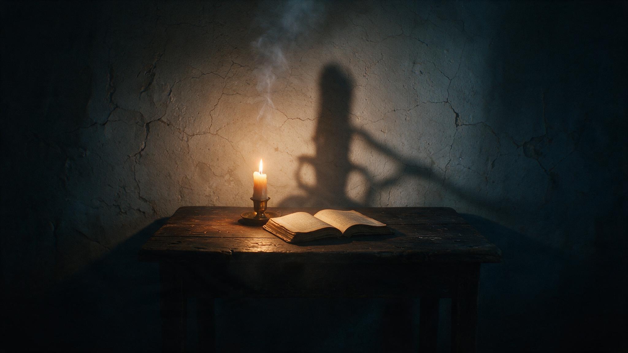 A dark room where a candle wavers precariously, a long shadow stretched across the wall and a single open book, a bleak stillness (AI-generated image)