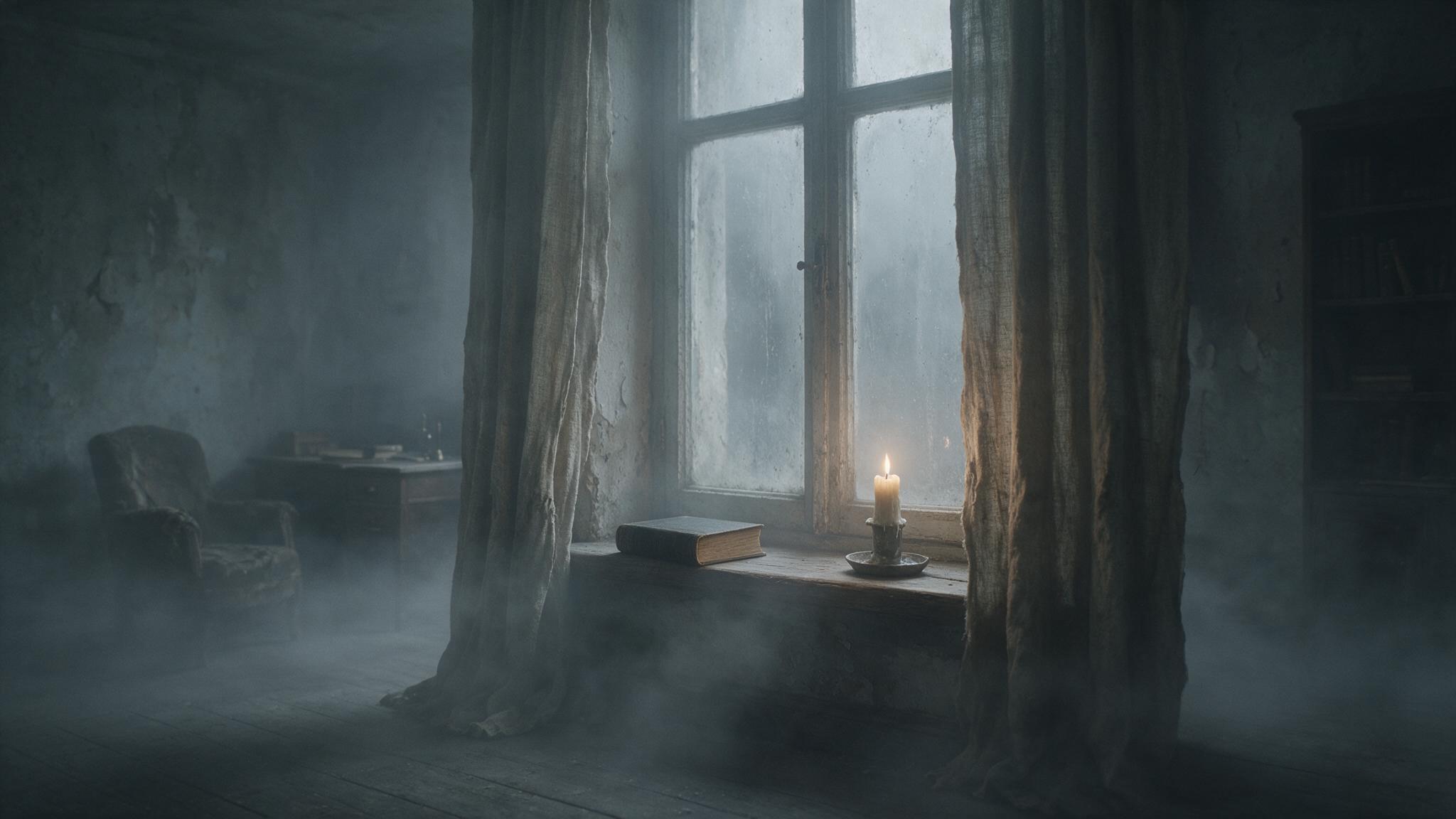 The faint outline of a dark room emerging from thick fog, a poetry book set by the window and a single blurred candle (AI-generated image)