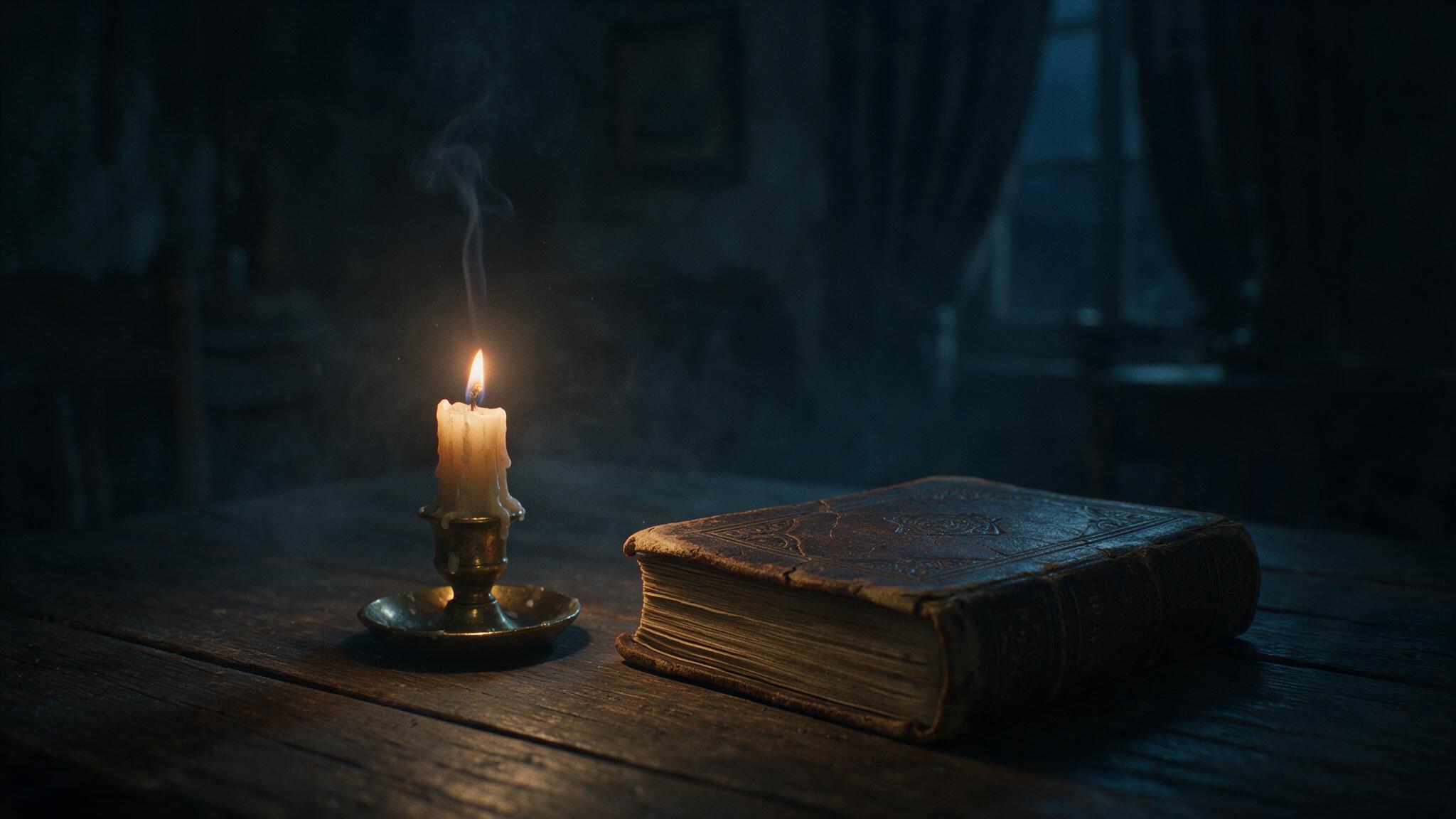 An old poetry book closed beside a guttering candle, the darkness spread through the room like fog, a quiet still life with a long lingering mood (AI-generated image)