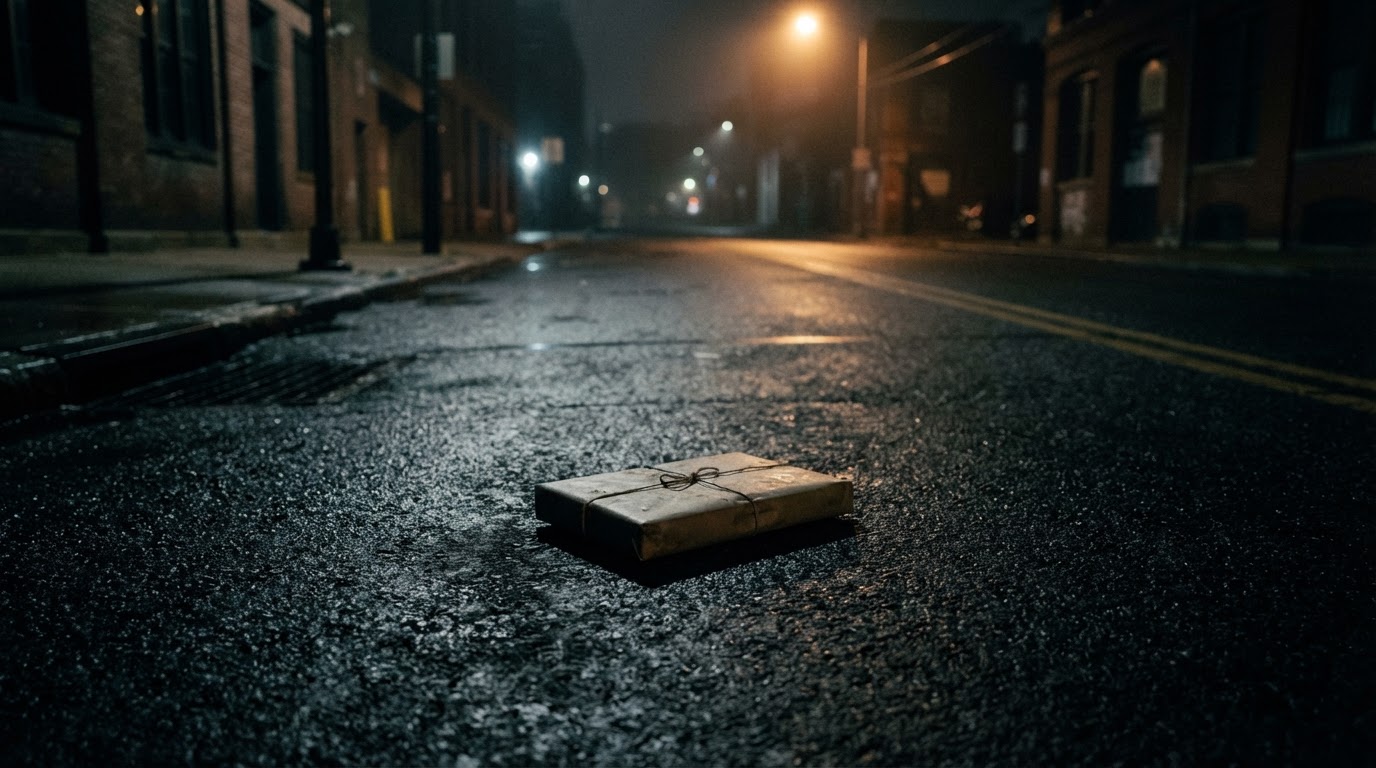 한밤중 차도 위에 놓인 종이로 덮인 꾸러미, 주변은 텅 빈 도로, 얼굴 없음, 포토리얼 (AI 생성 이미지)