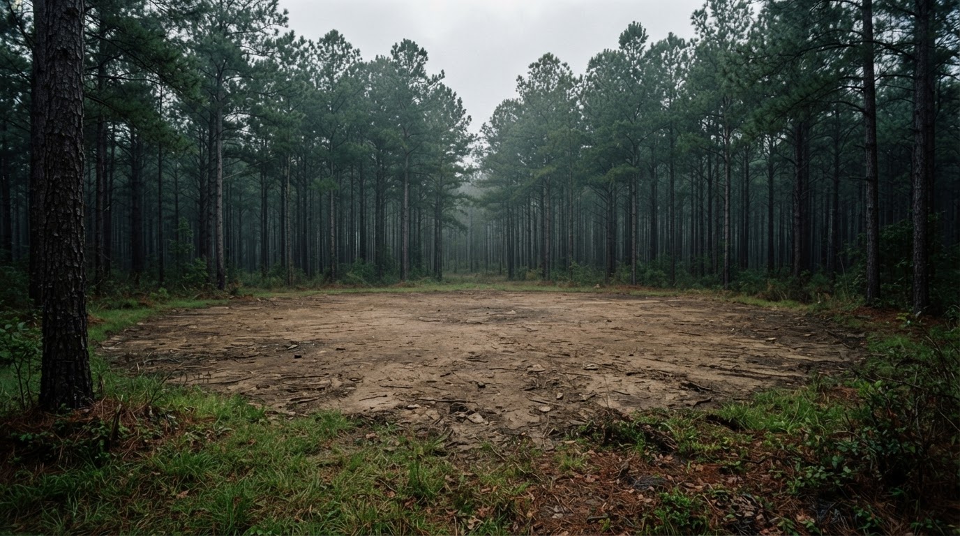 A wide barren circle of bare packed earth in North Carolina pine woods, grass growing up to its edge, overcast light (AI-generated image)