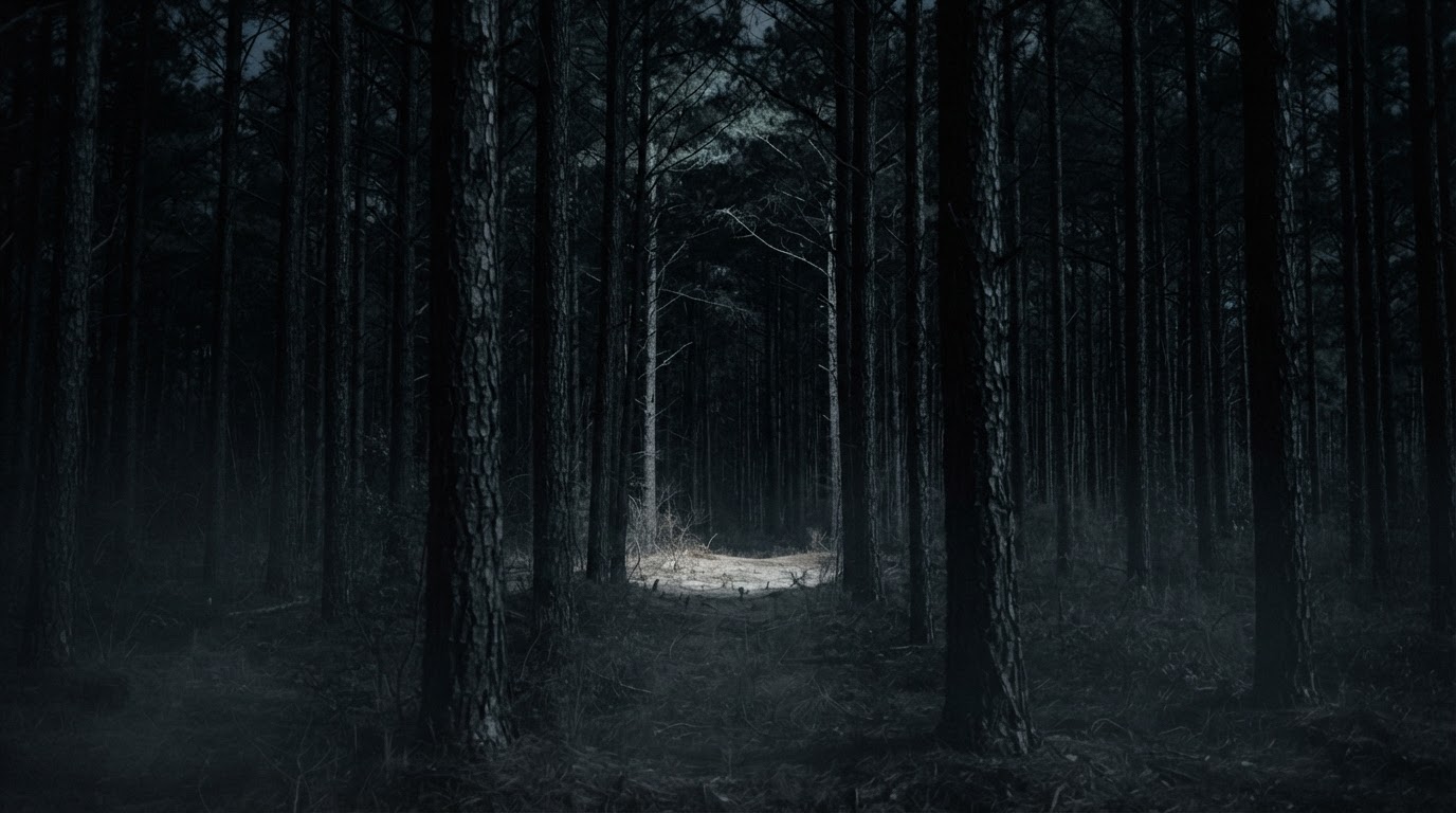 Dark North Carolina pine woods at night, faint moonlight, a bare clearing barely visible among the trunks, no figures (AI-generated image)