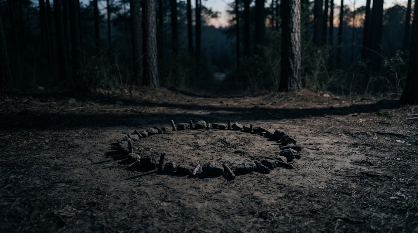 Small stones and sticks arranged in a ring on bare earth at dusk in the woods, long shadows, no people (AI-generated image)