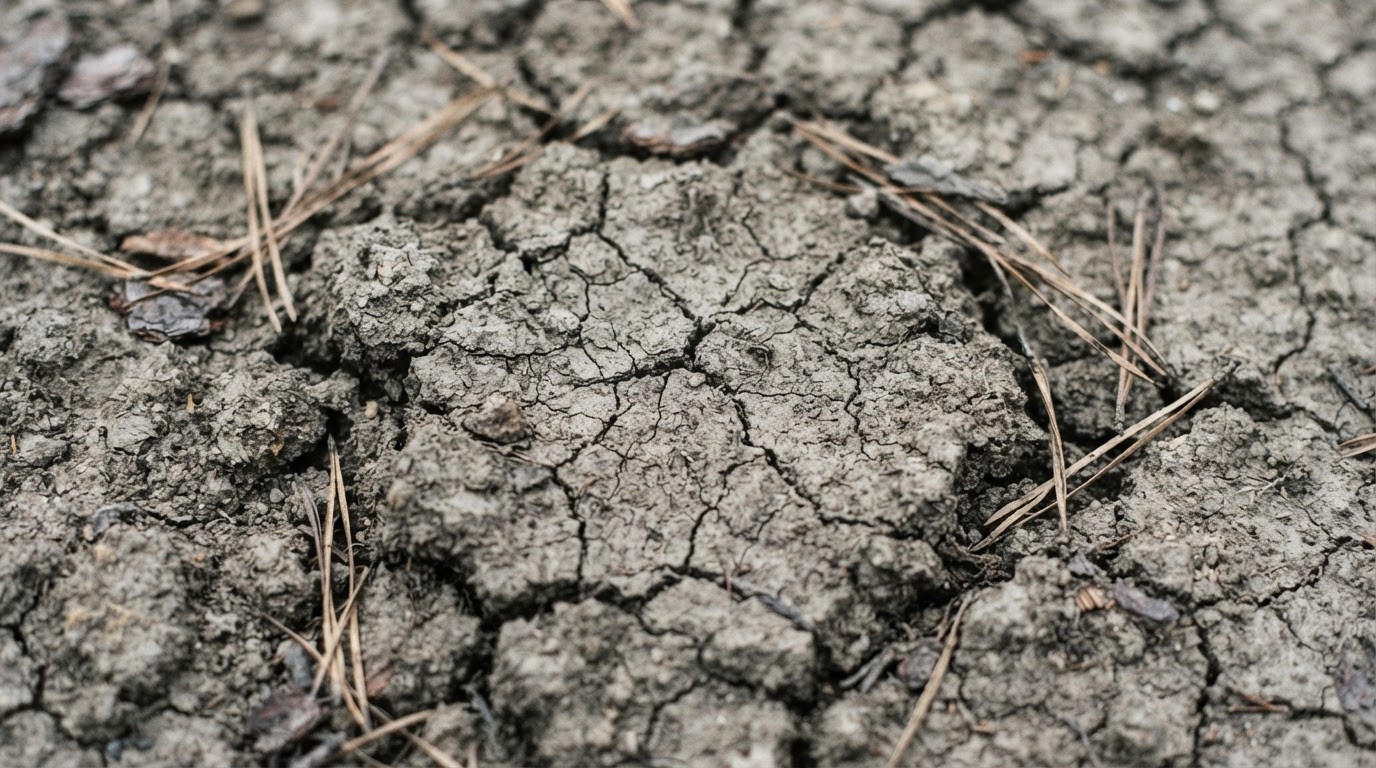 A close, textured view of hard cracked bare soil, dry and compacted, no plants growing, cold flat light (AI-generated image)