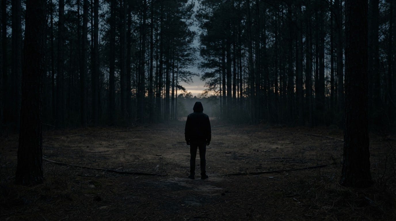 A lone silhouette standing at the edge of a bare circle in dim woodland at dusk, seen from behind, face not visible (AI-generated image)