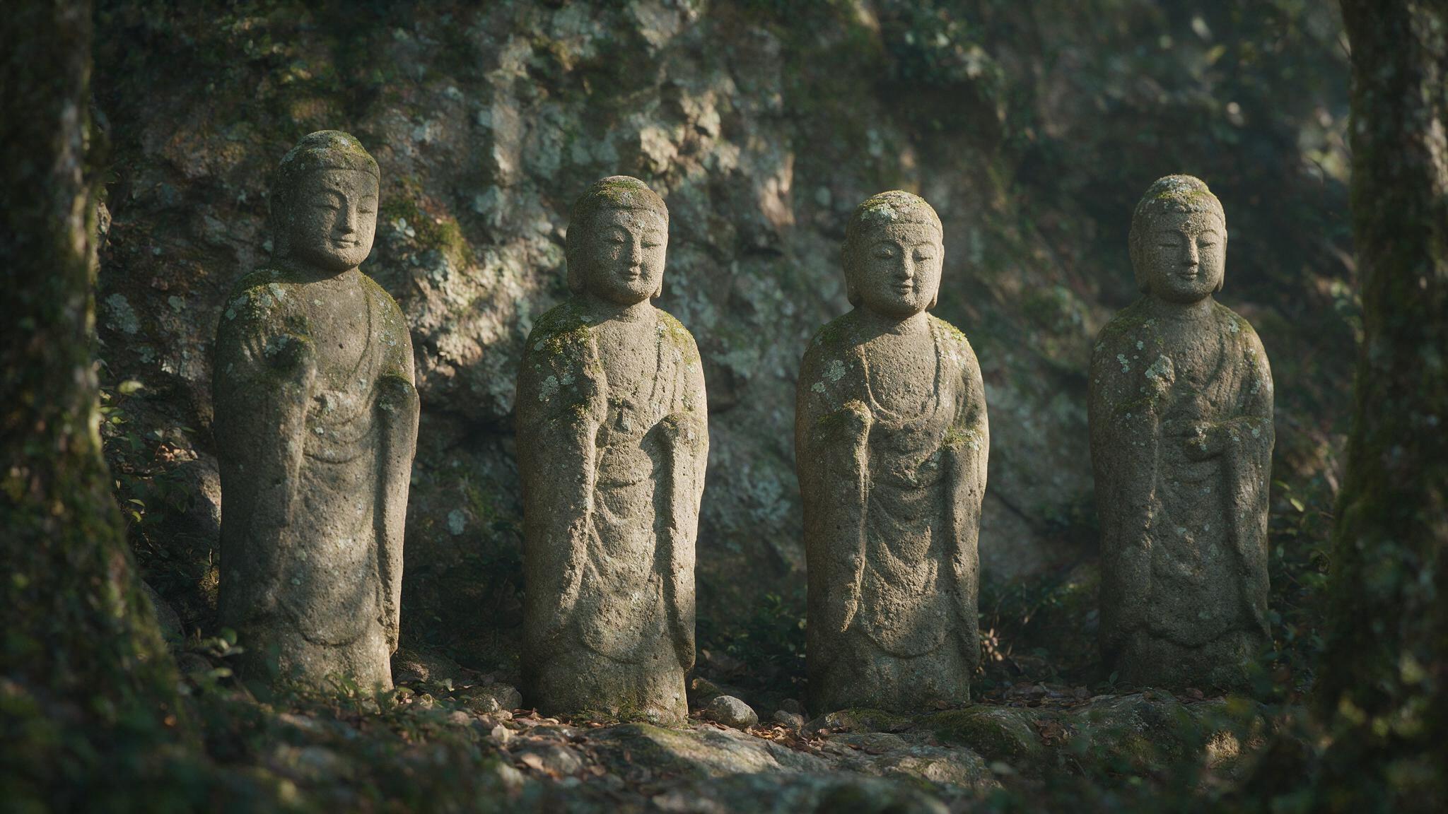 오래된 석불상 여러 구가 나란히 서 있는 모습, 이끼 낀 돌 표면, 사실적 (AI 생성 이미지)