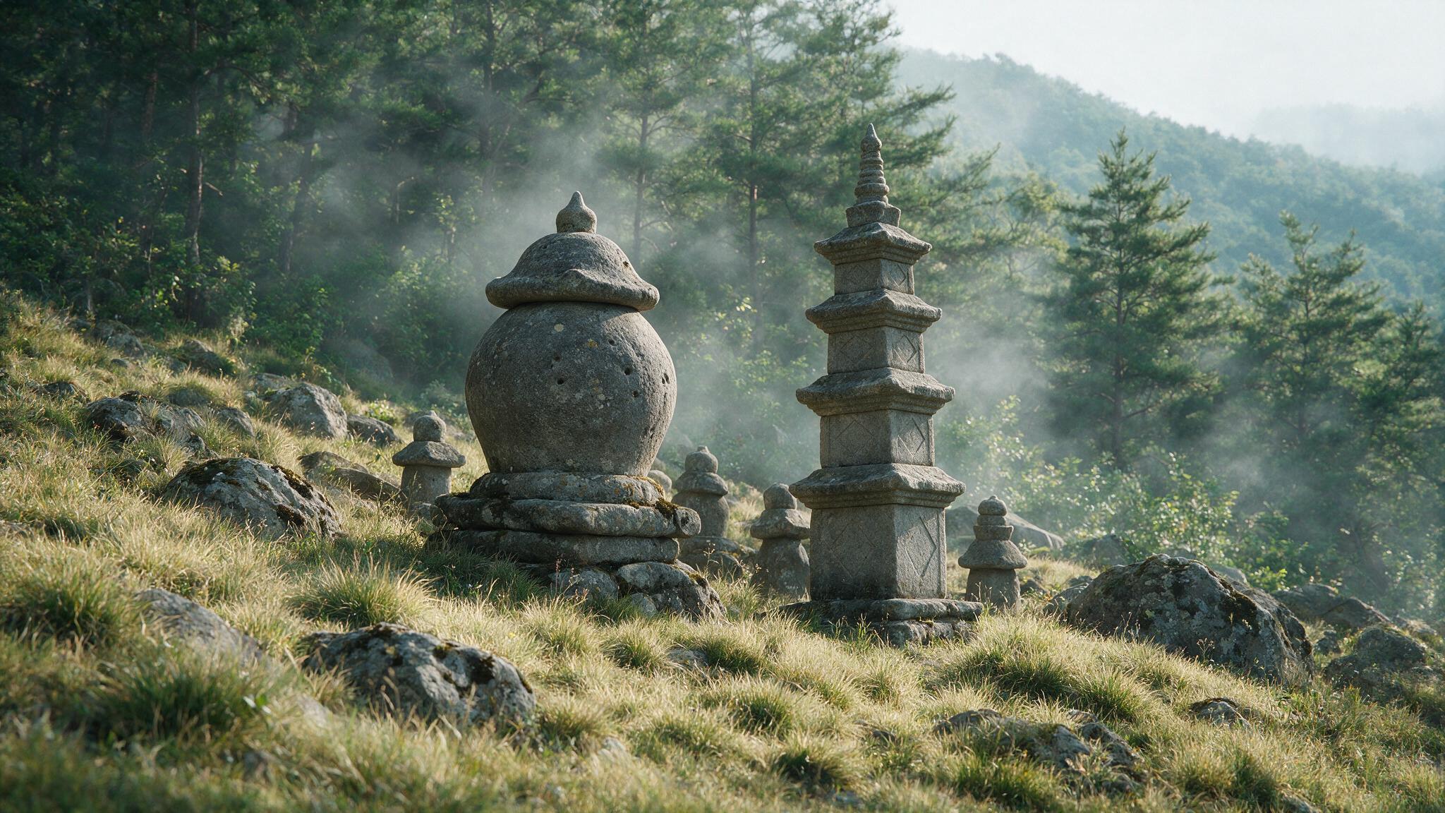 독특한 형태의 석탑들, 둥근 항아리 모양과 마름모 무늬가 새겨진 돌탑, 산비탈 배경 (AI 생성 이미지)