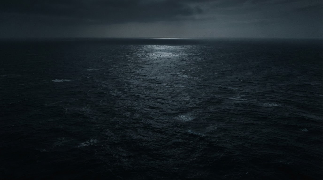 夜、高い上空から見下ろした暗い海峡、冷たい黒い海が水平線まで広がる光景(AI生成画像)
