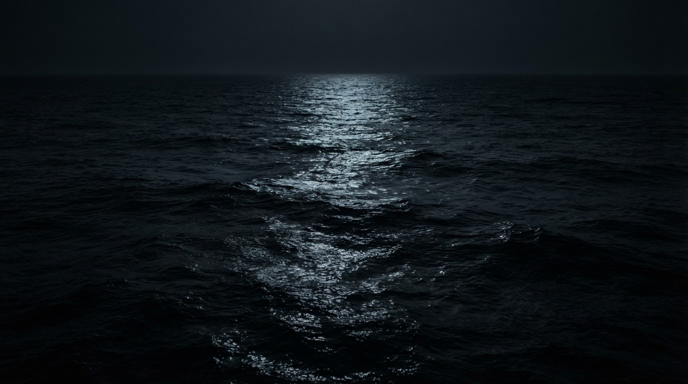 夜の海の穏やかでほとんど黒く見える水面、その上に淡い月明かりの長い筋が伸びる光景(AI生成画像)