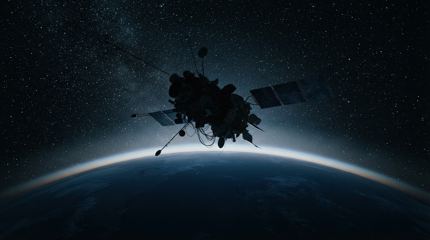 在漆黑宇宙軌道上運行的老舊偵察衛星剪影,其下方可見地球黑暗的弧面,寫實照片風格(AI生成圖像)