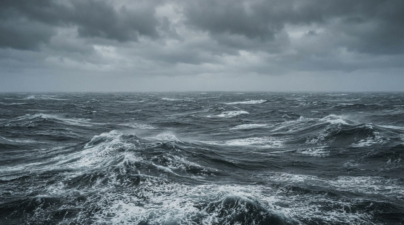 一望無際、波濤翻湧的灰色南極海與低垂的雲層,空無人跡的水平線,冰冷而荒涼的氛圍,寫實照片風格(AI生成圖像)