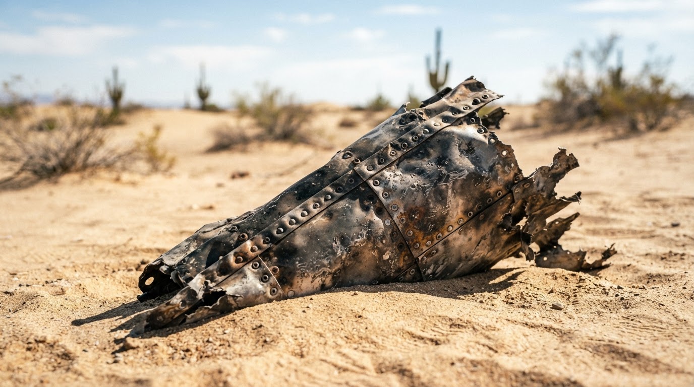 砂の上に半ば埋もれたロケットの残骸の破片、フォトリアル(AI生成画像)
