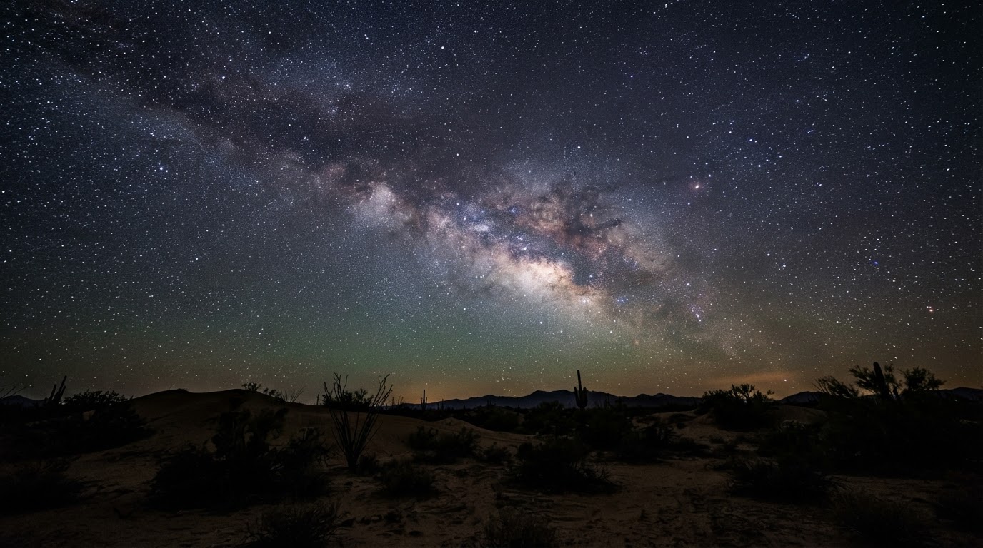 星々に満ちた砂漠の夜空、地平線の上に流れる天の川(AI生成画像)